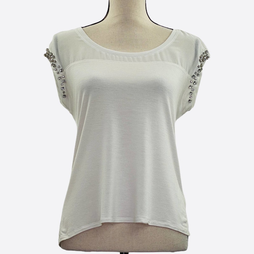 EXPRESS White Embellished Short Sleeve Blouse XS